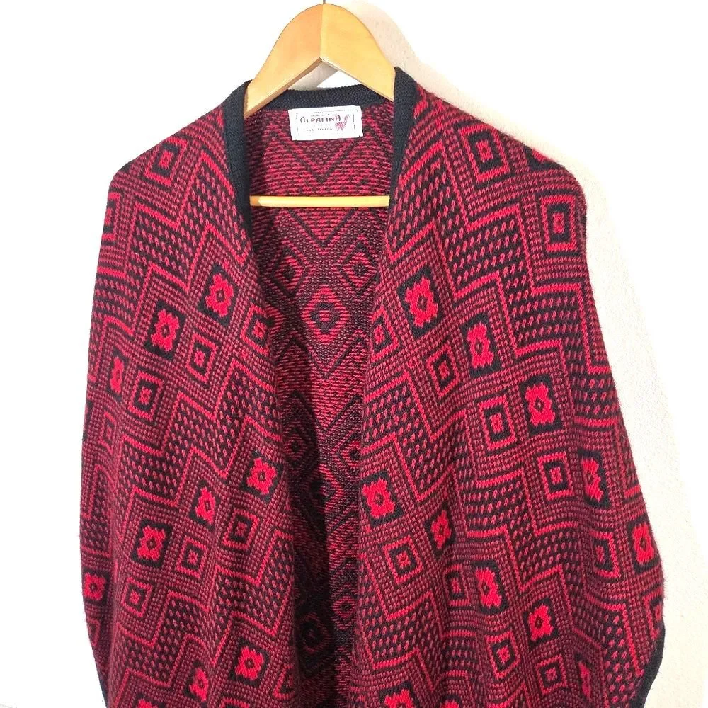 Alpafina Alpaca Shawl Wrap Red Black Geometric Poncho Cape One Size Peru